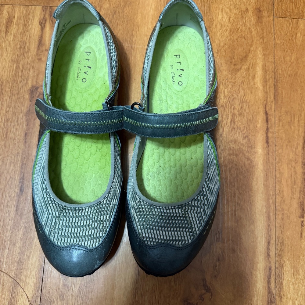 Clarks Privo Mary Jane Shoes Womens 10M Grey Green 76850 Leather Mesh Flats